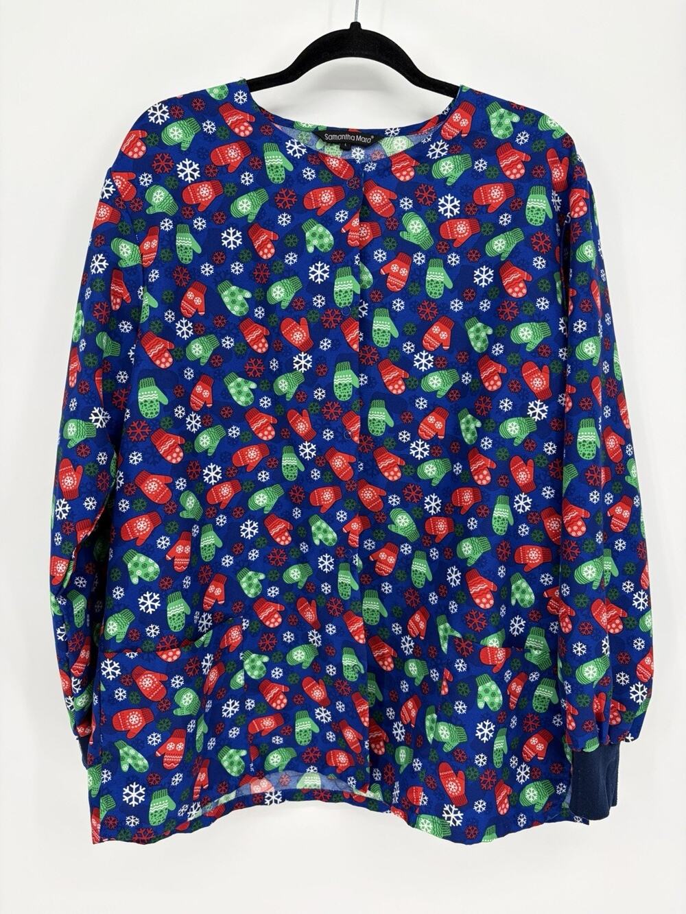 Samantha Mara Christmas Scrub Jacket Women’s Large Mittens Snowflakes Holiday